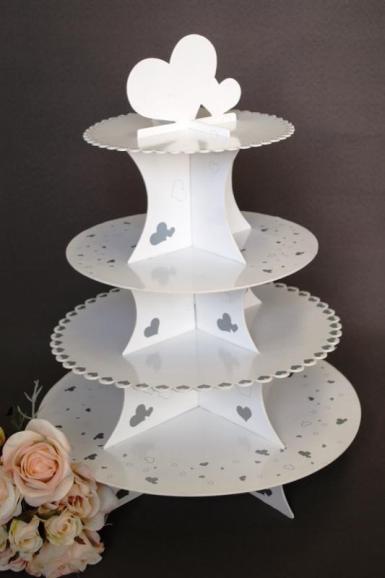 Wedding  4 Tier Silver and White Gloss Cardboard Cup Cake Stand Image 1