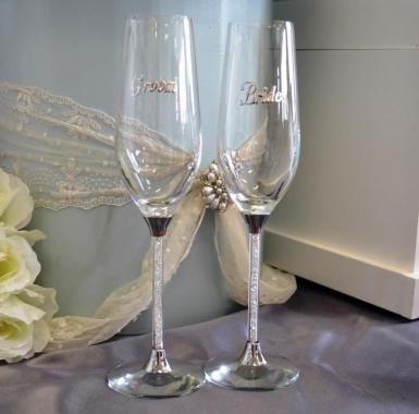 Wedding  Crystal Stem Bride and Groom Champagne Flutes Image 1