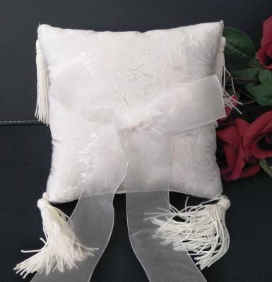 Wedding  Ring cushion - White Ring Pillow Embossed with Tassle Image 1