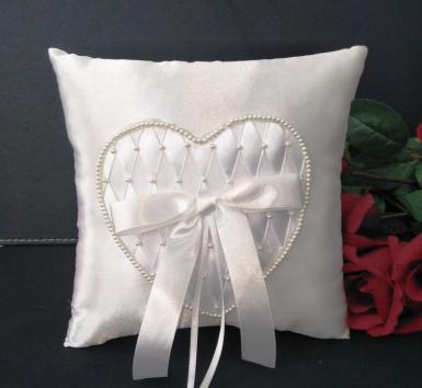 Wedding  Ring Cushion - Ivory Ring Pillow with Beaded Heart Image 1