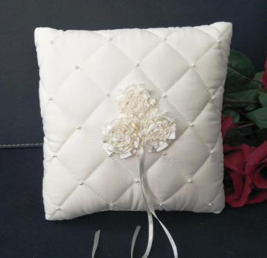 Wedding  Ring cushion - quilted ivory with roses and pearls Image 1