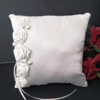 Wedding  Ring Cushion - White Ring Pillow with Roses & Pearls Image 1