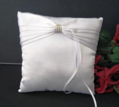 Wedding  Ring Cushion - White Ring Pillow with Pleats and Bling Image 1