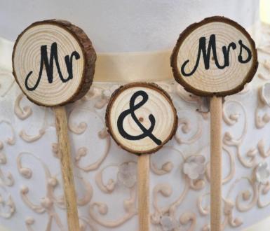 Wedding  Mr and Mrs Three Log Rustic Cake Pick Image 1
