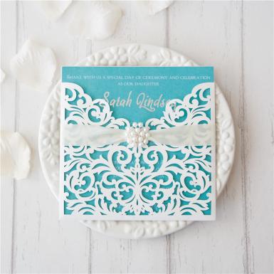 Wedding  Elegant White Laser Cut Ribbon Bow Wedding Invitation  (Matching Laser Cut Cards Available) Image 1