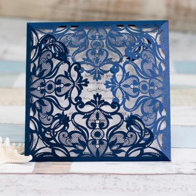 Wedding  Navy Blue Floral Laser Cut Wedding Invitations Image 1