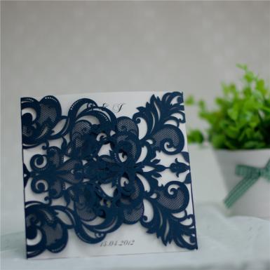 Wedding  Navy Blue Lace Pocket Laser Cut Wedding Invitation Card Image 1