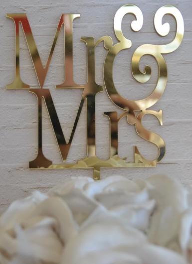 Wedding  Mr and Mrs Gold Cake Pick Image 1