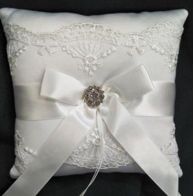 Wedding  Ring Cushion - Mini White Ring Pillow with Diamantes and Lace Image 1