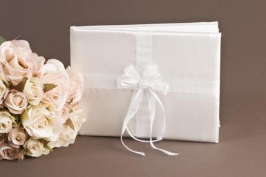 Wedding  White Satin Guest Book with Pearl and Ribbon Centre Image 1
