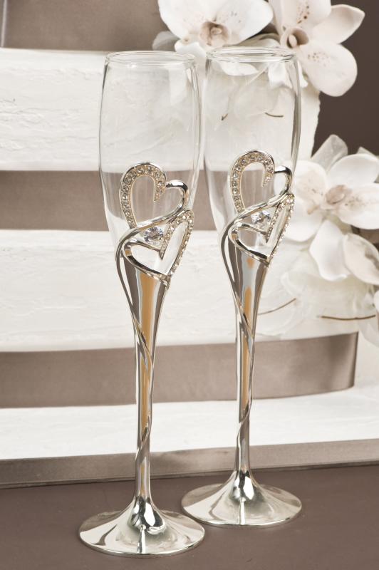 Wedding crystal and silver toasting glasses Engraved Champagne Flutes in