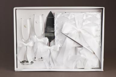 Wedding  Satin and Pearl Toasting Set - Cake Server, Guest Book, Champagne Flutes and Pen Image 1