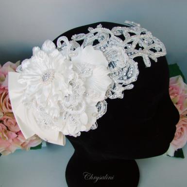 Chrysalini Designer Wedding Hairpiece, Deluxe Bridal Fascinator - SHELLY SHELLY | Floral and Silk Bow Headpiece  Image 1