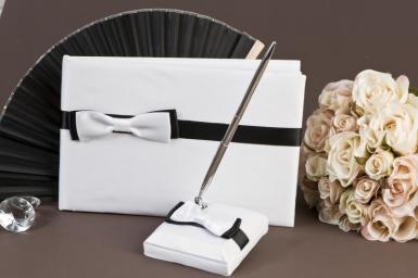 Wedding  Black and White Guest Book and Pen Set - Elegant Bows Image 1