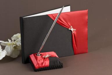 Wedding  Black and Red Satin Guest Book and Matching Pen Set Image 1