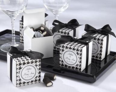 Wedding  Black and White Houndstooth Boxes with Ribbon x 10 Image 1