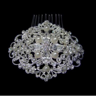 Chrysalini Diamante and Pearl Hair Comb - Silver C7382S Image 1