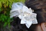 Feather Hair Clip with Satin Flowers image