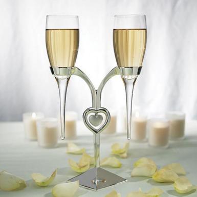 Wedding  Clear Glass Flutes with Silver Plated Stand Image 1