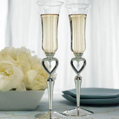 Wedding  Silver Plated Open Heart & Jewel Drop Stem Champagne Flutes Image 1