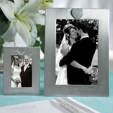 Wedding  Small Photo Frame with Brushed Silver & Crystals in Heart Shape Image 1