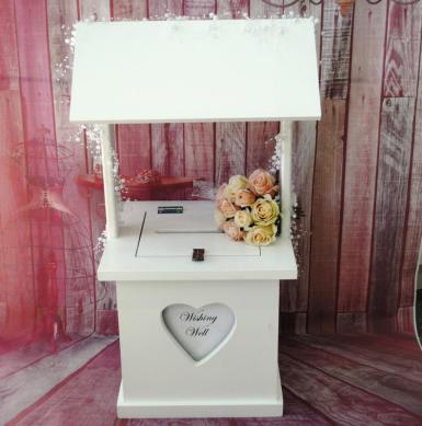 Wedding  Timber White Wishing Well with Heart Detail - Hire Image 1