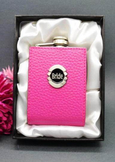 Wedding  Hot Pink Leather Look Hip Flask Image 1
