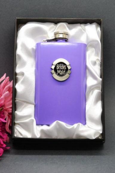 Wedding  Slim Mauve Hip Flask with Badge Image 1