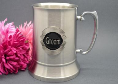 Wedding  Stainless Steel Beer Mug with Deluxe Round Badge Image 1