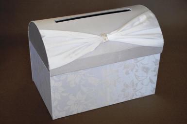Wedding  Clearance - Silver and White Satin Treasure Chest with Floral Detail Image 1