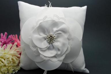Wedding  Satin Flower Ring Pillow with Feathers and Diamantes Image 1