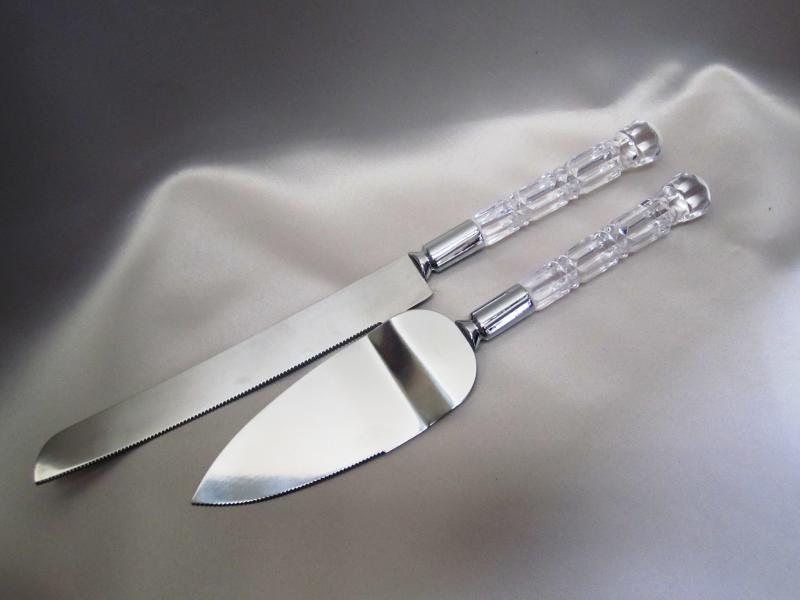 Silver and Clear Cake Knife and Server Set with Crystal Handles